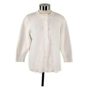 L.L.Bean Women's Textured Thick Knit White Cotton Button-Up Cardigan Size M